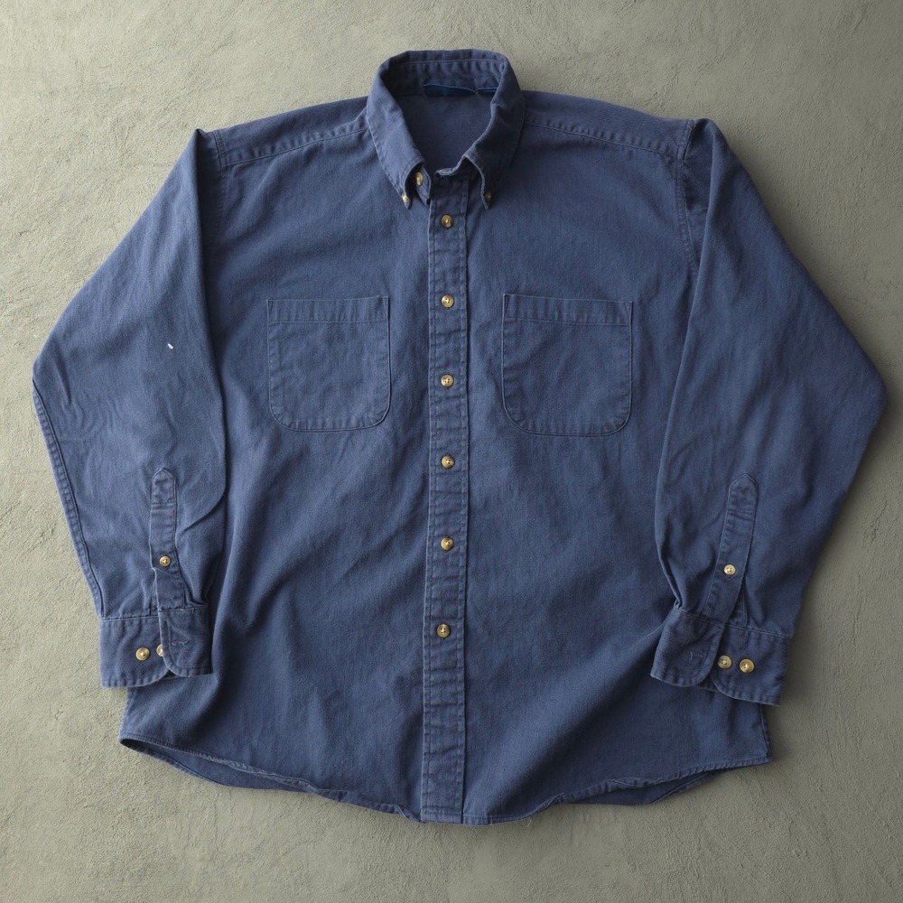 Vintage 90s Towncraft Navy Blue Button Down Shirt Large Long Sleeve Twill